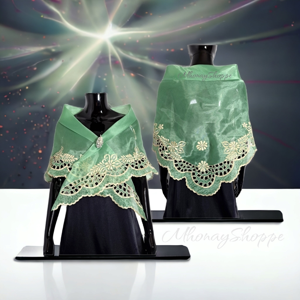Green Jade-Handmade Filipino Alampay Shawl – Organza Cutwork Embroidery w/ Brooc